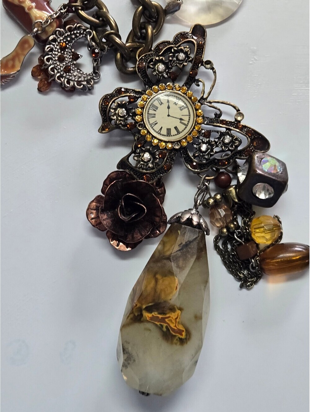 Vintage MJ  Steampunk Charm Necklace Agate Crystal Pendant Fall Colors Whimsi